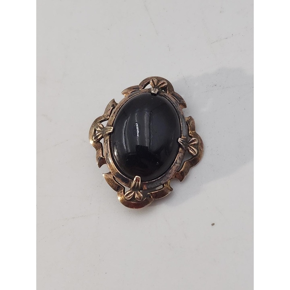 Vintage Art Deco Symmetalic‎ Signed Sterling Silver & 14k Gold Black Onyx Brooch